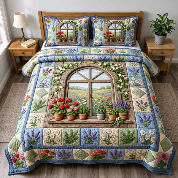 Flower Garden quilted 3-piece bedding set on a made bed with two matching pillow shams