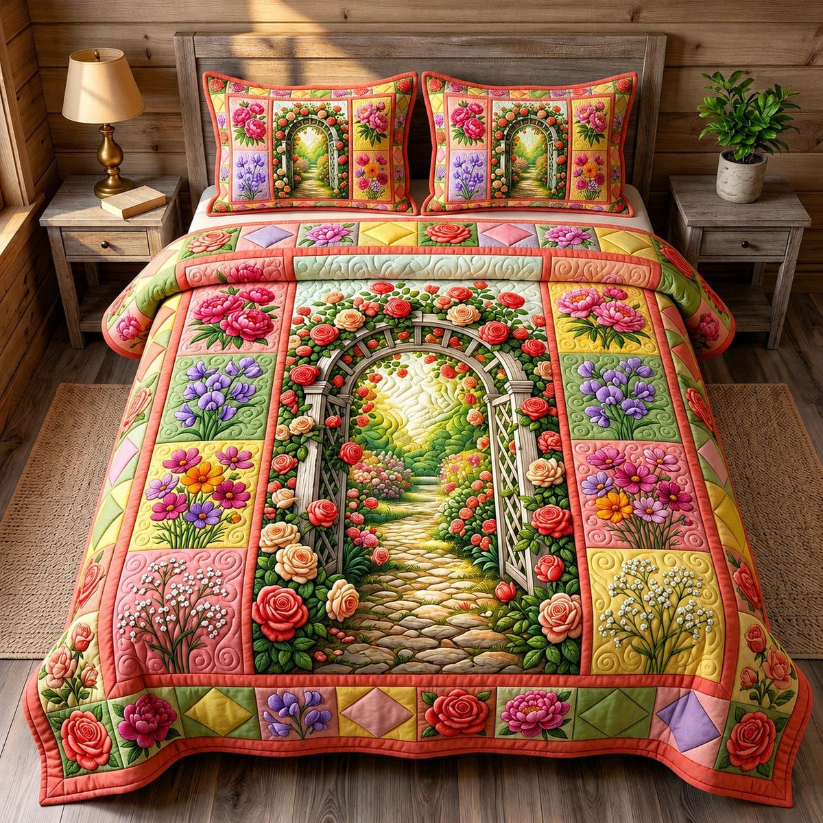 Flower Garden quilted 3-piece bedding set on a made bed with two matching pillow shams