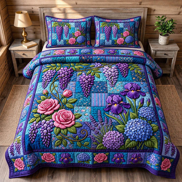 Flower Garden quilted 3-piece bedding set on a made bed with two matching pillow shams