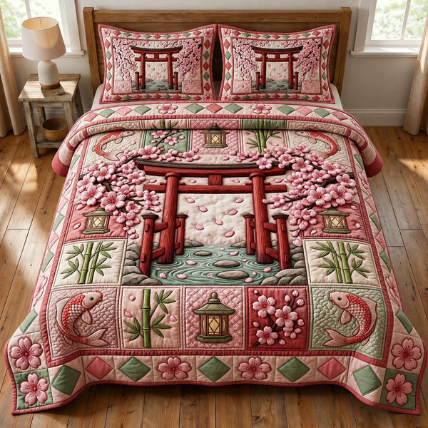 Flower Garden quilted 3-piece bedding set on a made bed with two matching pillow shams