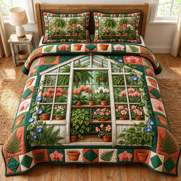 Flower Garden quilted 3-piece bedding set on a made bed with two matching pillow shams