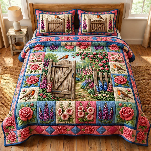 Flower Garden quilted 3-piece bedding set on a made bed with two matching pillow shams