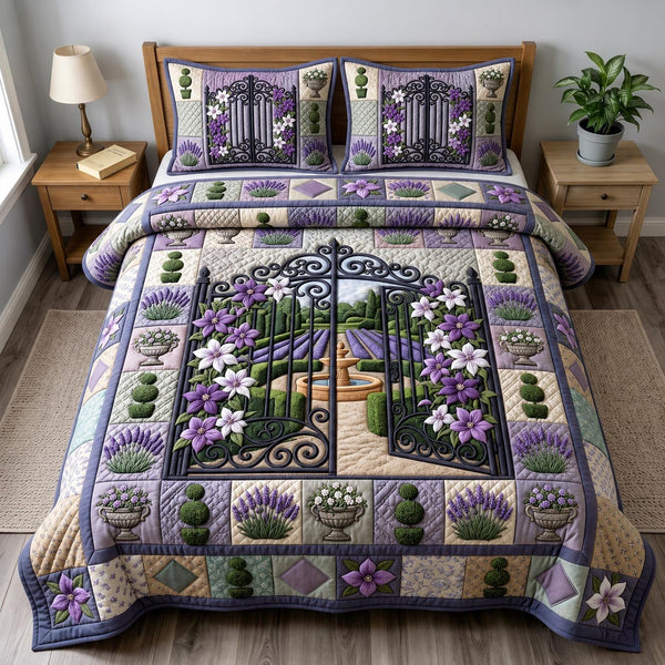 Flower Garden quilted 3-piece bedding set on a made bed with two matching pillow shams