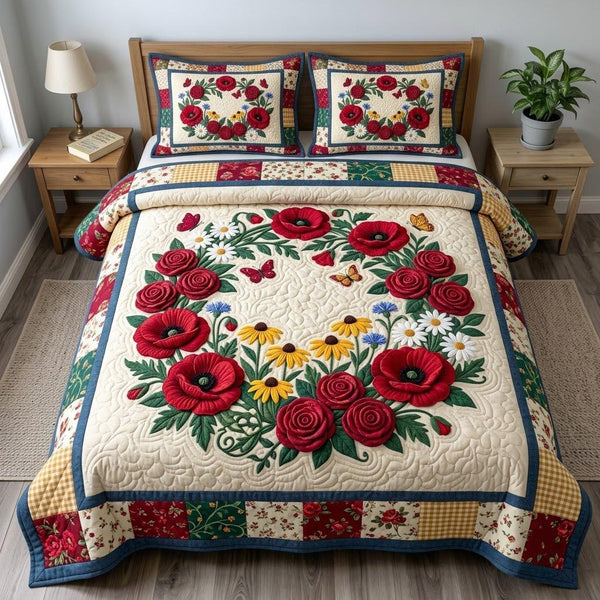 Flower Garden quilted 3-piece bedding set on a made bed with two matching pillow shams