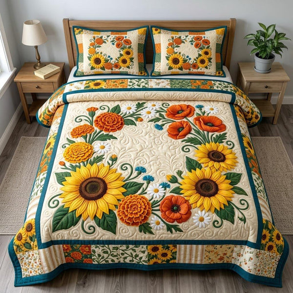 Flower Garden quilted 3-piece bedding set on a made bed with two matching pillow shams