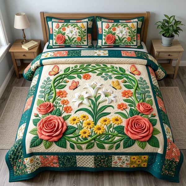 Flower Garden quilted 3-piece bedding set on a made bed with two matching pillow shams
