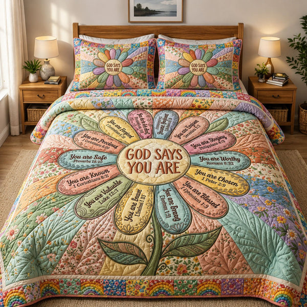 Flower God Says You Are quilted 3-piece bedding set on a made bed in a softly lit bedroom