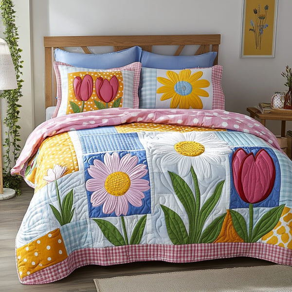 Flower Hug quilted 3-piece bedding set on a made bed with two matching pillow shams