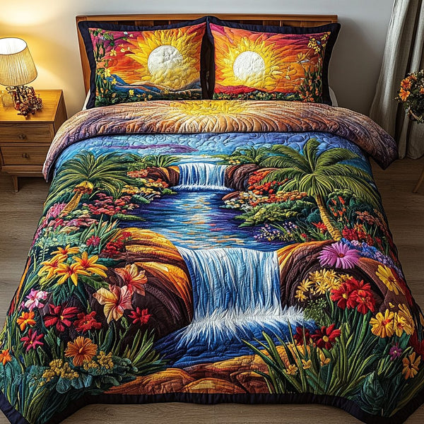 Flower Land quilted 3-piece bedding set on a made bed with two matching pillow shams