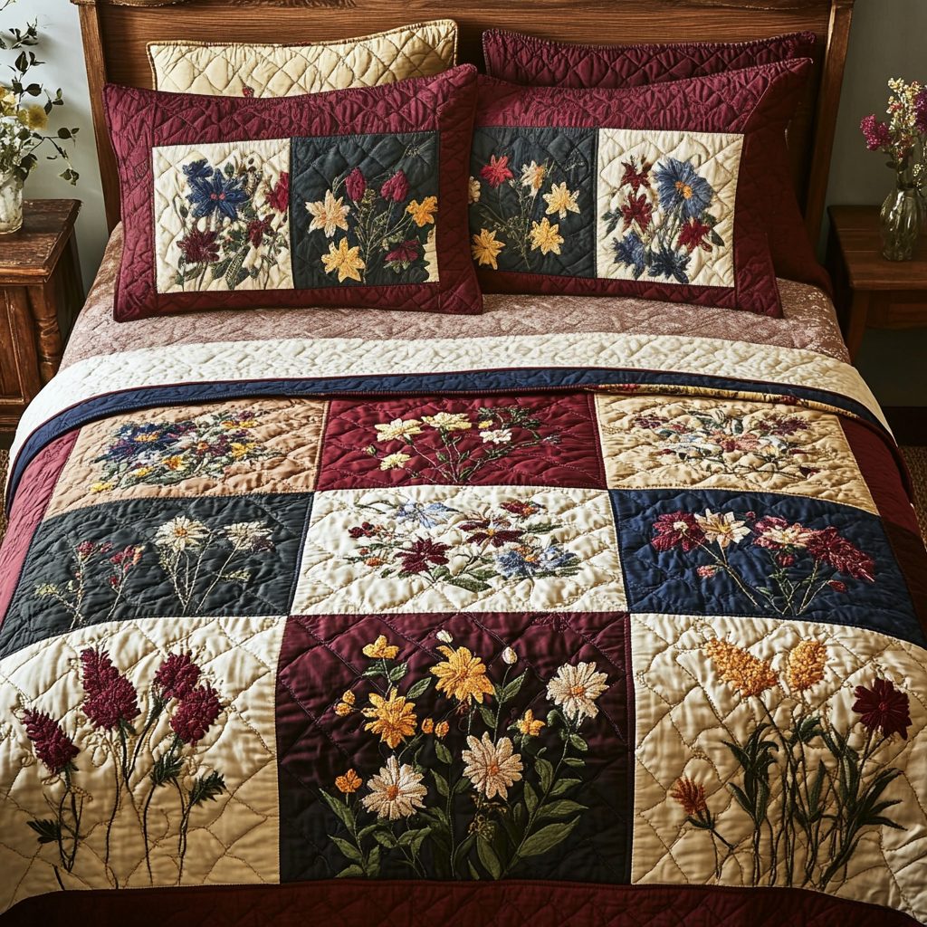 Flower Magic quilted 3-piece bedding set on a made bed with two matching pillow shams