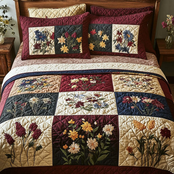 Flower Magic quilted 3-piece bedding set on a made bed with two matching pillow shams
