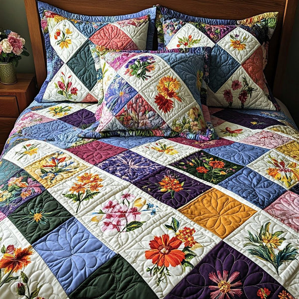 Flower Mosaic quilted 3-piece bedding set on a made bed with two matching pillow shams