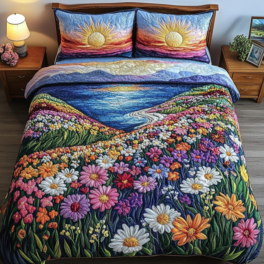 Flower Paradise quilted 3-piece bedding set on a made bed with two matching pillow shams