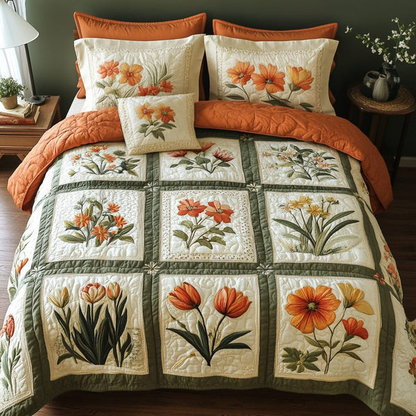 Flower Patch quilted 3-piece bedding set on a made bed with two matching pillow shams