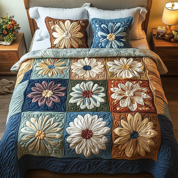 Flower Patch quilted 3-piece bedding set on a made bed with two matching pillow shams
