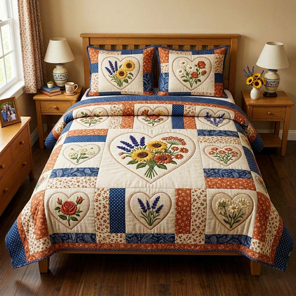 Flower Patchwork quilted 3-piece bedding set on a made bed in a farmhouse bedroom