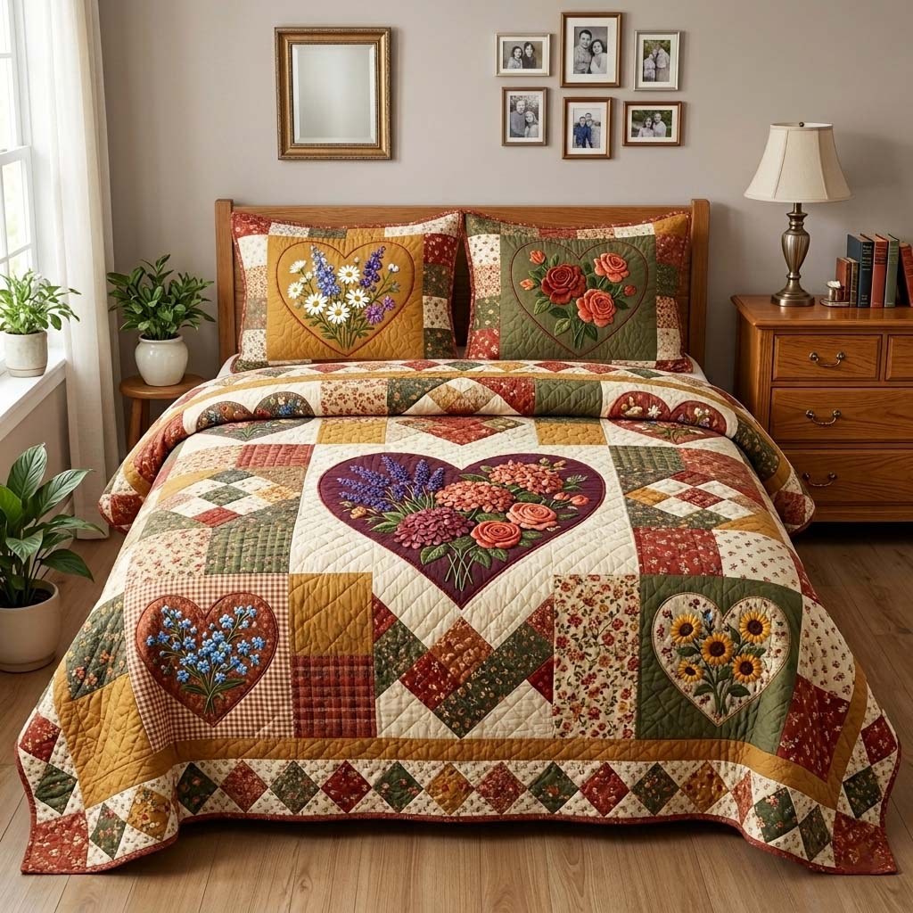 Flower Patchwork quilted 3-piece bedding set on a made bed in a farmhouse bedroom