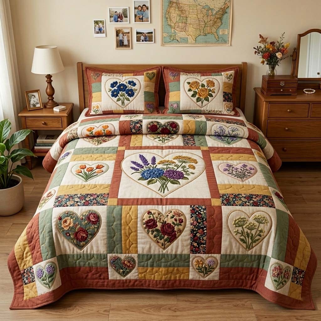 Flower Patchwork quilted 3-piece bedding set on a made bed in a farmhouse bedroom
