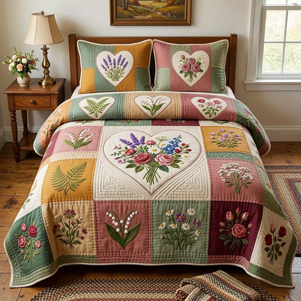 Flower Patchwork quilted 3-piece bedding set on a made bed in a farmhouse bedroom
