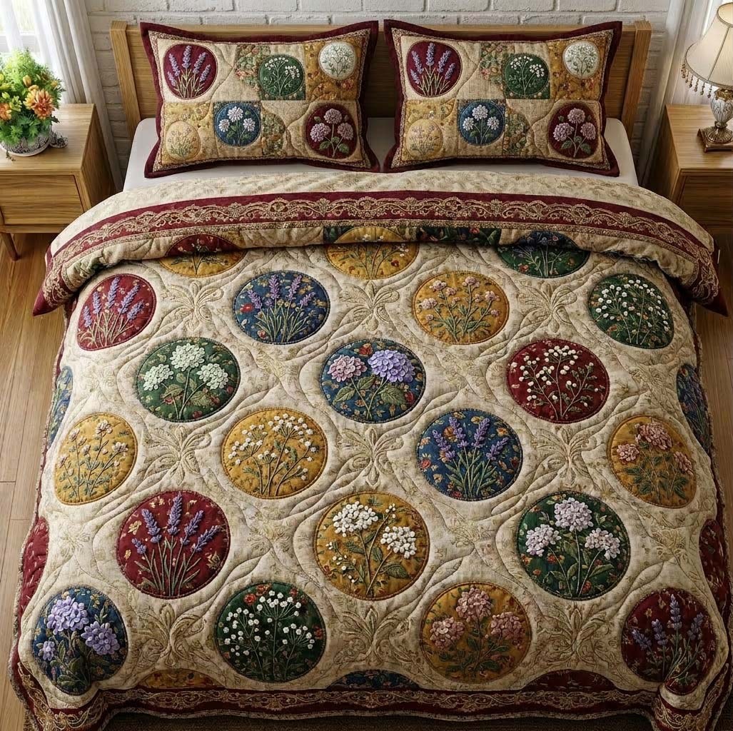 Flower Patchwork quilted 3-piece bedding set on a made bed in a farmhouse bedroom