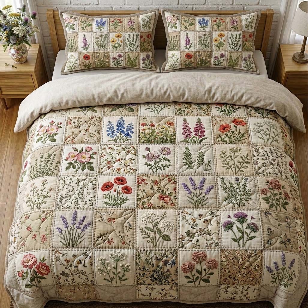 Flower Patchwork quilted 3-piece bedding set on a made bed in a farmhouse bedroom