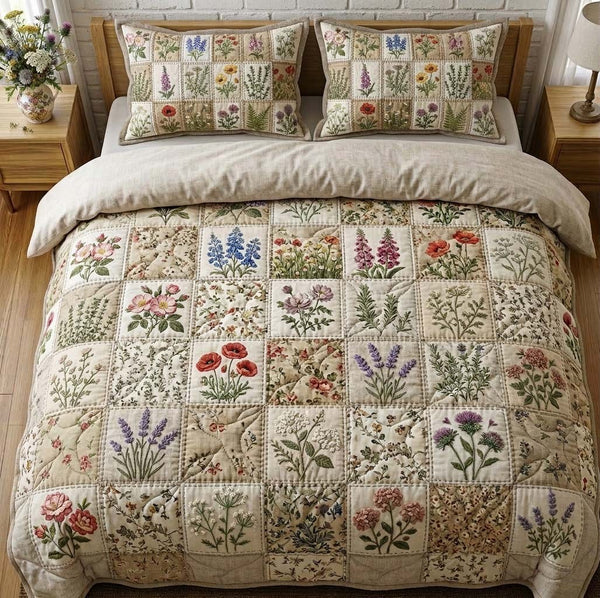 Flower Patchwork quilted 3-piece bedding set on a made bed in a farmhouse bedroom