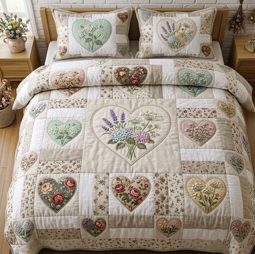 Flower Patchwork quilted 3-piece bedding set on a made bed in a farmhouse bedroom