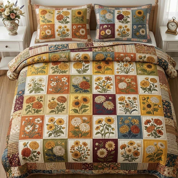 Flower Patchwork quilted 3-piece bedding set on a made bed in a farmhouse bedroom