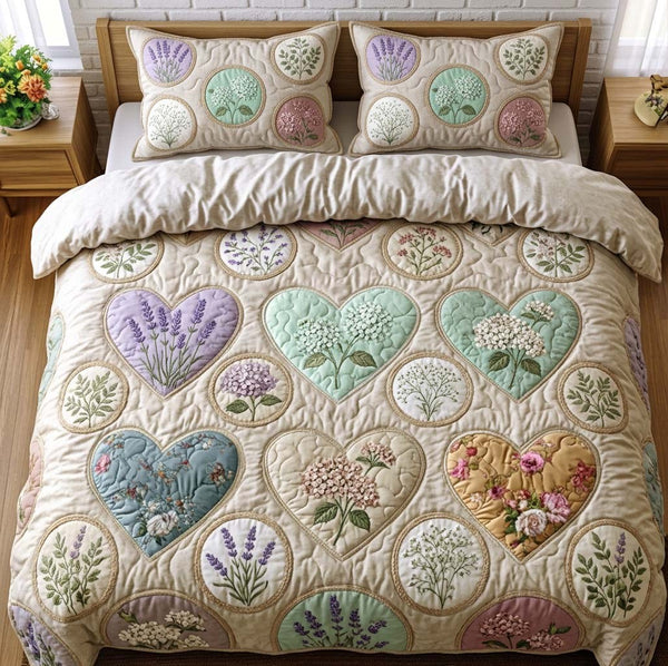 Flower Patchwork quilted 3-piece bedding set on a made bed in a farmhouse bedroom