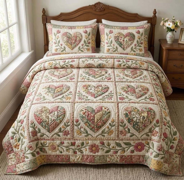Flower Patchwork quilted 3-piece bedding set on a made bed in a farmhouse bedroom