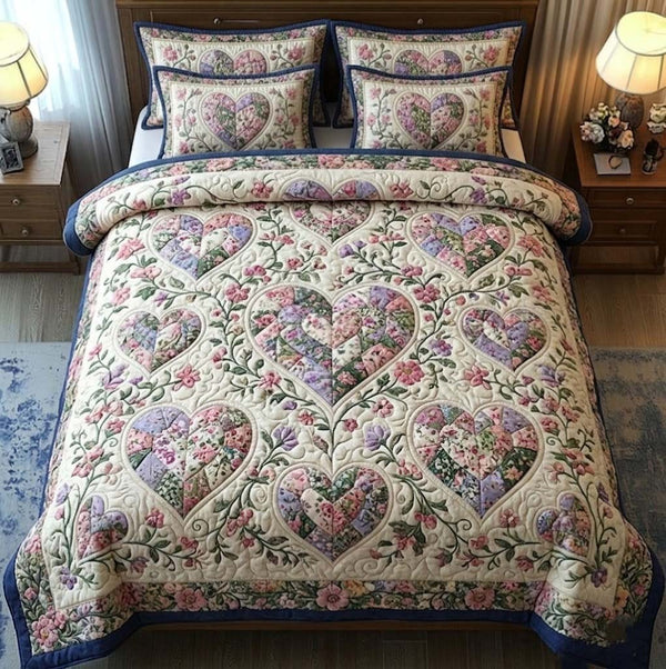 Flower Patchwork quilted 3-piece bedding set on a made bed in a farmhouse bedroom