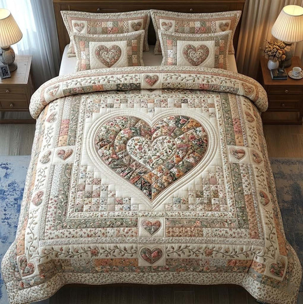 Flower Patchwork quilted 3-piece bedding set on a made bed in a farmhouse bedroom