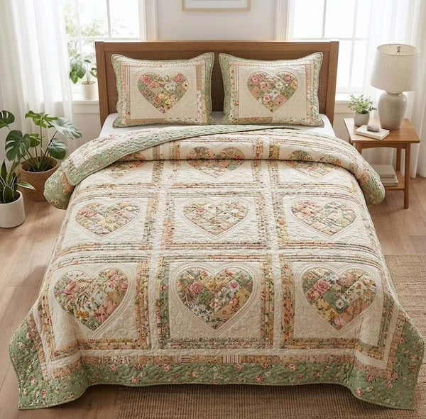 Flower Patchwork quilted 3-piece bedding set on a made bed in a farmhouse bedroom