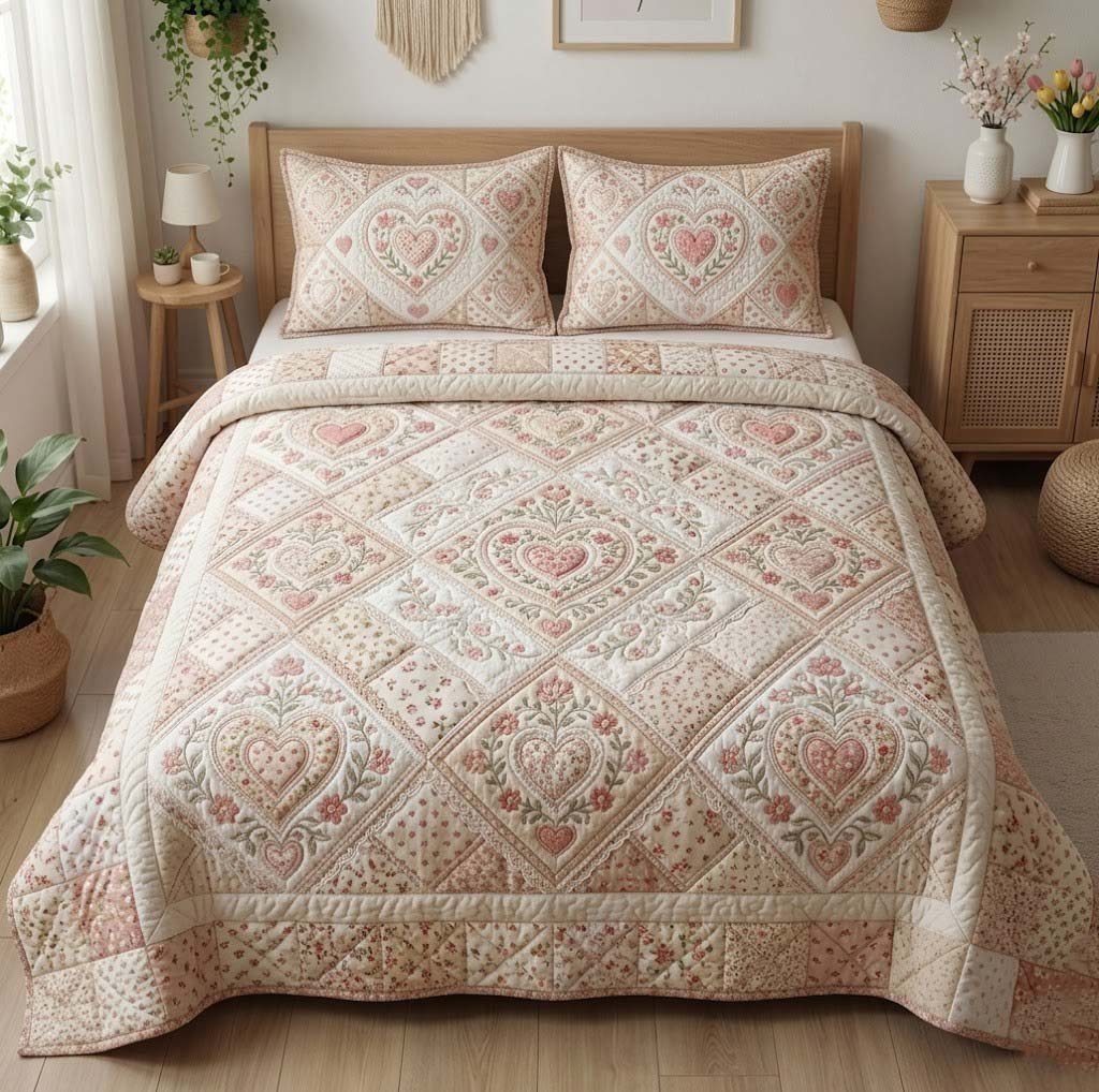 Flower Patchwork quilted 3-piece bedding set on a made bed in a farmhouse bedroom