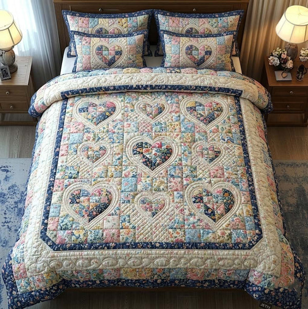 Flower Patchwork quilted 3-piece bedding set on a made bed in a farmhouse bedroom