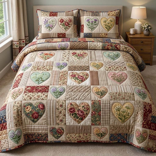 Flower Patchwork quilted 3-piece bedding set on a made bed in a farmhouse bedroom