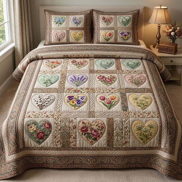 Flower Patchwork quilted 3-piece bedding set on a made bed in a farmhouse bedroom