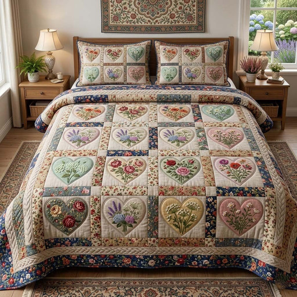 Flower Patchwork quilted 3-piece bedding set on a made bed in a farmhouse bedroom