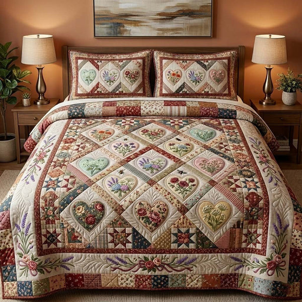 Flower Patchwork quilted 3-piece bedding set on a made bed in a farmhouse bedroom