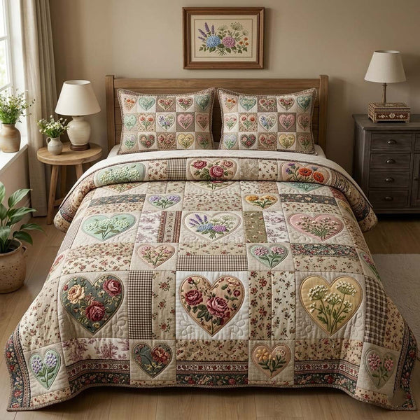 Flower Patchwork quilted 3-piece bedding set on a made bed in a farmhouse bedroom