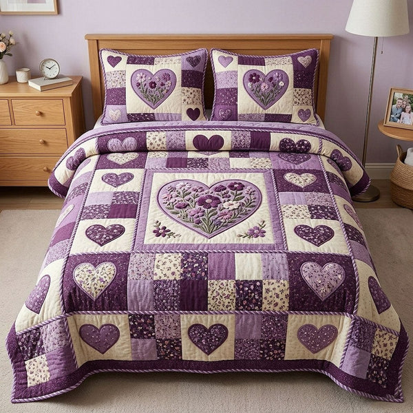 Flower Patchwork quilted 3-piece bedding set on a made bed in a farmhouse bedroom