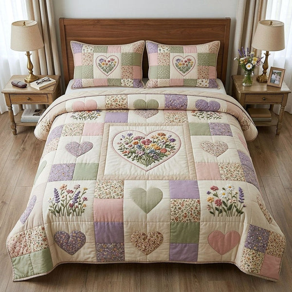 Flower Patchwork quilted 3-piece bedding set on a made bed in a farmhouse bedroom