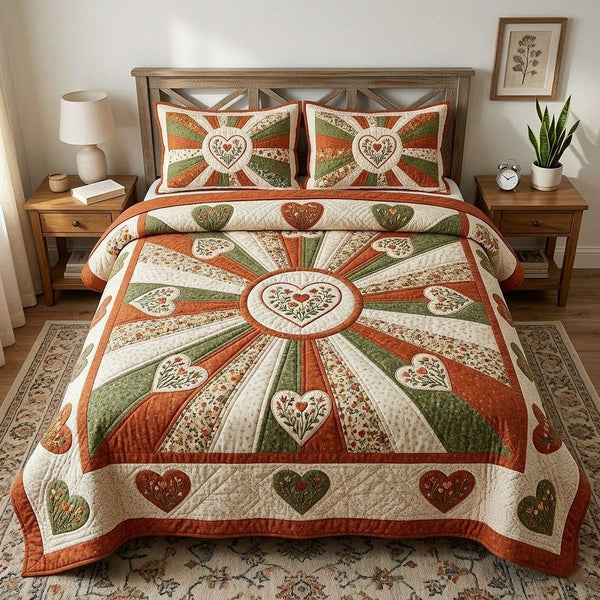 Flower Patchwork quilted 3-piece bedding set on a made bed in a farmhouse bedroom