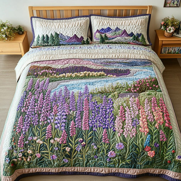 Flower Path quilted 3-piece bedding set on a made bed with two matching pillow shams