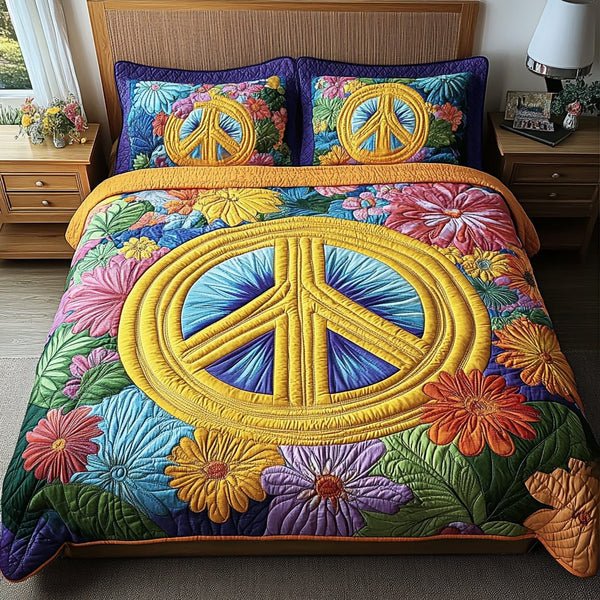 Flower Peace quilted 3-piece bedding set on a made bed with two matching pillow shams