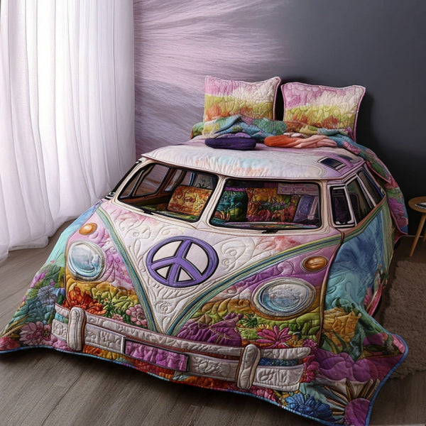 Flower Power Bliss quilted 3-piece bedding set on a made bed with two matching pillow shams