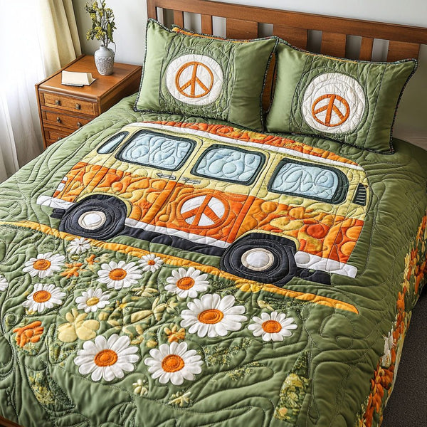 Flower Power Drive quilted 3-piece bedding set on a made bed with two matching pillow shams