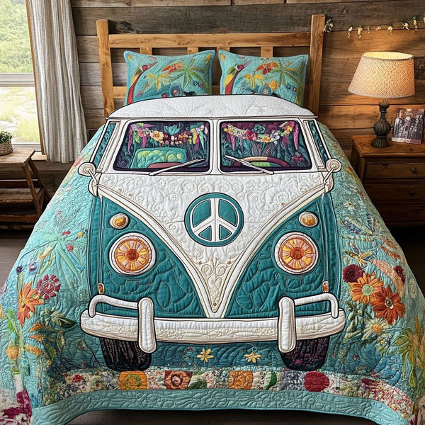 Flower Power Drive quilted 3-piece bedding set on a made bed with two matching pillow shams