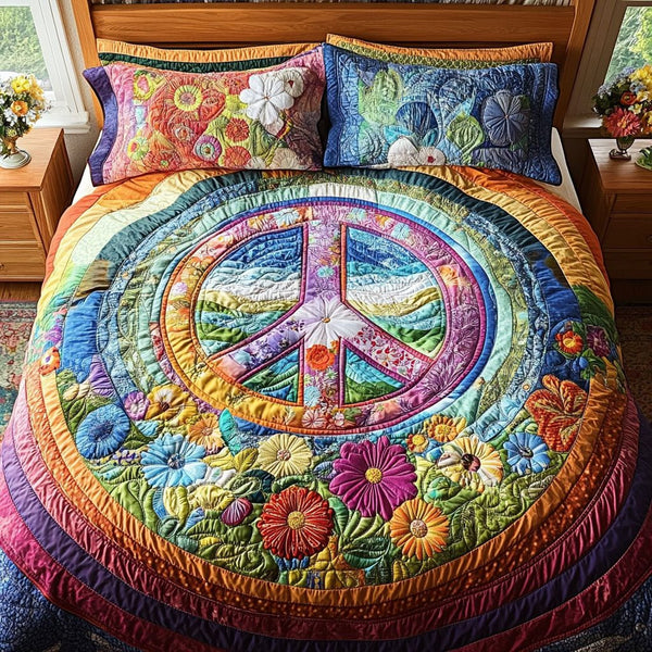 Flower Power Peace quilted 3-piece bedding set on a made bed with two matching pillow shams