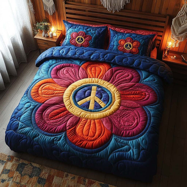 Flower Power Peace quilted 3-piece bedding set on a made bed with two matching pillow shams